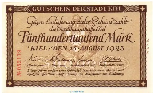 Banknote Stadt Kiel , 500.000 Mark Schein in kfr. Keller 2614.e von 1923 , Schleswig Holstein Großnotgeld Inflation