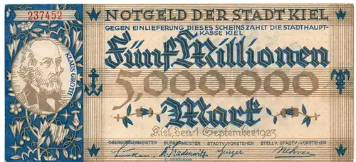 Banknote Stadt Kiel , 5 Millionen Mark Schein in kfr. Keller 2614.g von 1923 , Schleswig Holstein Großnotgeld Inflation