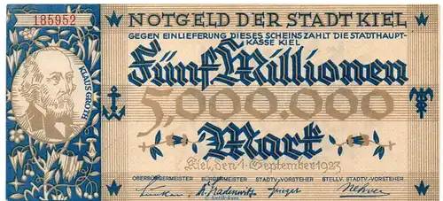 Banknote Stadt Kiel , 5 Millionen Mark Schippen in kfr. Keller 2614.h von 1923 , Schleswig Holstein Großnotgeld Inflation