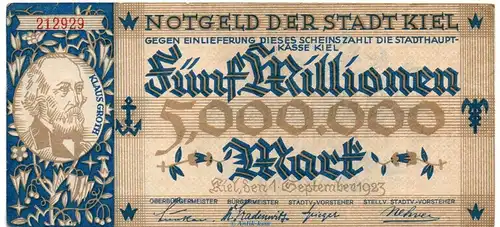 Banknote Stadt Kiel , 5 Millionen Mark Schippen in gbr. Keller 2614.h von 1923 , Schleswig Holstein Großnotgeld Inflation
