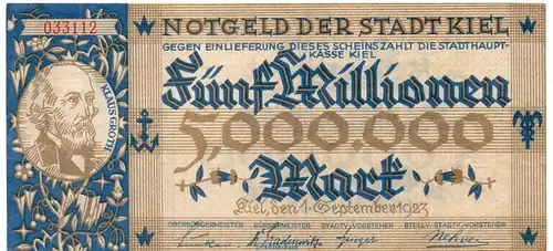 Banknote Stadt Kiel , 5 Millionen Mark Schein in gbr. Keller 2614.g von 1923 , Schleswig Holstein Großnotgeld Inflation