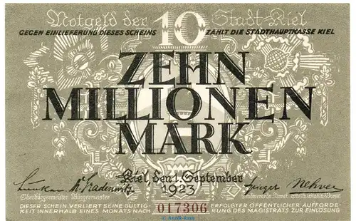 Banknote Stadt Kiel , 10 Millionen Mark Schein in kfr. Keller 2614.h von 1923 , Schleswig Holstein Großnotgeld Inflation