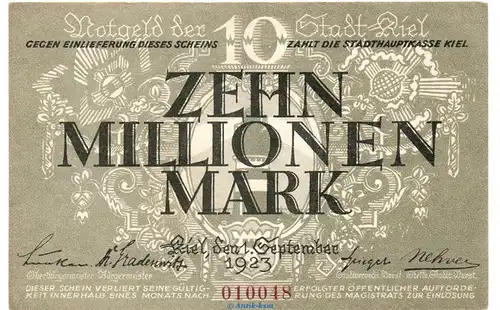 Banknote Stadt Kiel , 10 Millionen Mark Schein in L-gbr. Keller 2614.h von 1923 , Schleswig Holstein Großnotgeld Inflation
