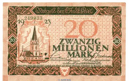 Banknote Stadt Kiel , 20 Millionen Mark Schein in kfr. Keller 2614.i von 1923 , Schleswig Holstein Großnotgeld Inflation