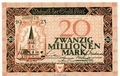 Banknote Stadt Kiel , 20 Millionen Mark Schein in L-gbr. Keller 2614.i von 1923 , Schleswig Holstein Großnotgeld Inflation