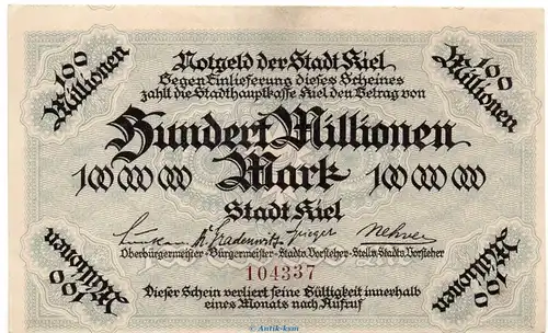 Banknote Stadt Kiel , 100 Millionen Mark Schein in L-gbr. Keller 2614.i o.D Schleswig Holstein Großnotgeld Inflation