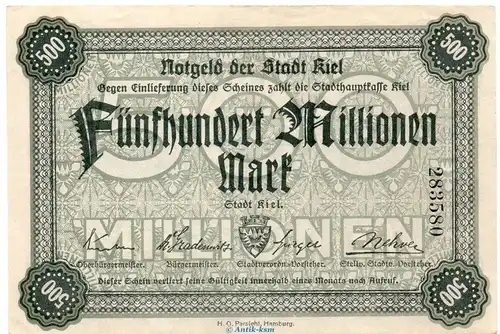 Banknote Stadt Kiel , 500 Millionen Mark Schein in kfr. Keller 2614.k o.D Schleswig Holstein Großnotgeld Inflation