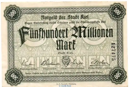 Banknote Stadt Kiel , 500 Millionen Mark Schein in gbr. Keller 2614.k o.D Schleswig Holstein Großnotgeld Inflation