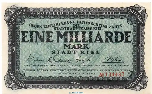 Banknote Stadt Kiel , 1 Milliarde Mark Schein in kfr. Keller 2614.L o.D Schleswig Holstein Großnotgeld Inflation