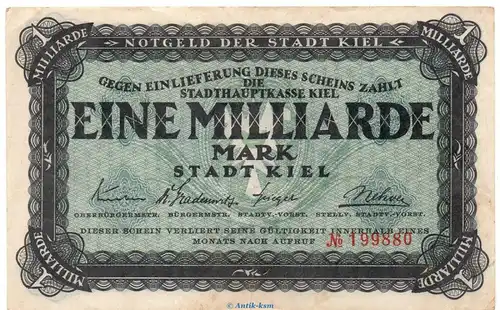 Banknote Stadt Kiel , 1 Milliarde Mark Schein in gbr. Keller 2614.L o.D Schleswig Holstein Großnotgeld Inflation