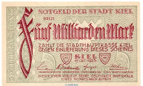 Banknote Stadt Kiel , 5 Milliarden Mark o. Kn. in kfr. Keller 2614.m von 1923 Schleswig Holstein Großnotgeld Inflation