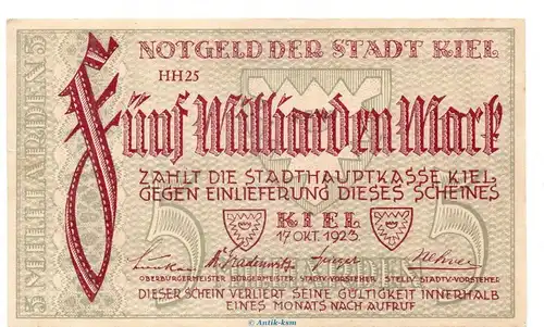Banknote Stadt Kiel , 5 Milliarden Mark o. Kn. in gbr. Keller 2614.m von 1923 Schleswig Holstein Großnotgeld Inflation