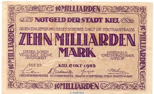 Banknote Stadt Kiel , 10 Milliarden Mark o. KN. in f-kfr. Keller 2614.m von 1923 Schleswig Holstein Großnotgeld Inflation