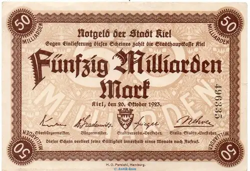 Banknote Stadt Kiel , 50 Milliarden Mark Schein in kfr. Keller 2614.o von 1923 Schleswig Holstein Großnotgeld Inflation