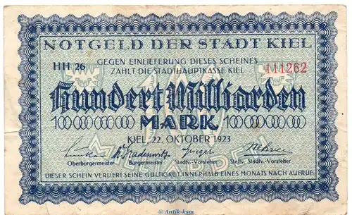 Banknote Stadt Kiel , 100 Milliarden Mark Schein in gbr. Keller 2614.p von 1923 Schleswig Holstein Großnotgeld Inflation