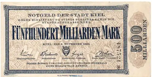 Banknote Stadt Kiel , 500 Milliarden Mark, KN Stern senkr. in f-kfr. Keller 2614.q von 1923 Schleswig Holstein Großnotgeld Inflation