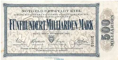 Banknote Stadt Kiel , 500 Milliarden Mark Schein in kfr. Keller 2614.r-s von 1923 Schleswig Holstein Großnotgeld Inflation
