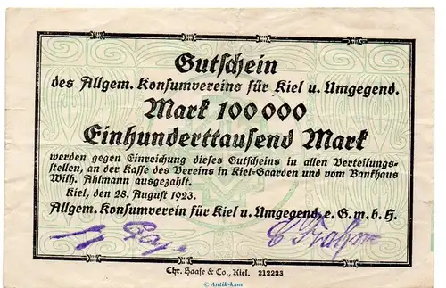 Banknote Konsumverein Kiel , 100.000 Mark Schein in gbr. Keller 2616.a von 1923 Schleswig Holstein Großnotgeld Inflation