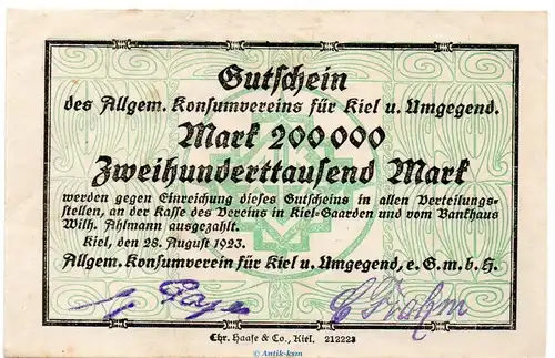 Banknote Konsumverein Kiel , 200.000 Mark Schein in gbr. Keller 2616.a von 1923 Schleswig Holstein Großnotgeld Inflation