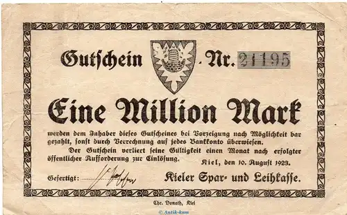 Banknote Spar- und Leihkasse Kiel , 1 Million Mark Schein in gbr. Keller 2624 , von 1923 Schleswig Holstein Großnotgeld Inflation