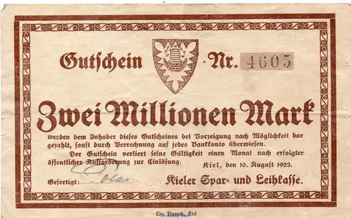 Banknote Spar- und Leihkasse Kiel , 2 Million Mark Schein in gbr. Keller 2624 , von 1923 Schleswig Holstein Großnotgeld Inflation
