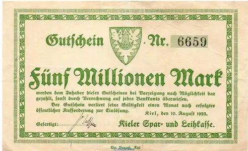 Banknote Spar- und Leihkasse Kiel , 5 Million Mark Schein in gbr. Keller 2624 , von 1923 Schleswig Holstein Großnotgeld Inflation