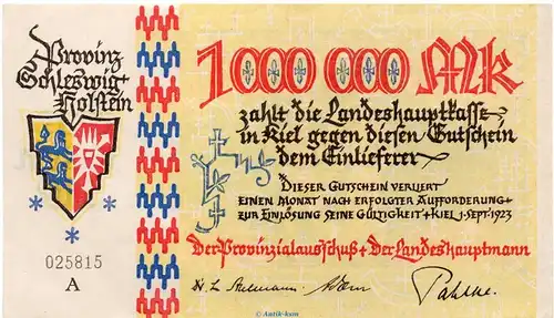 Banknote Provinzialausschuss Kiel , 1 Million Mark Schein in kfr. Keller 4977.a , von 1923 Schleswig Holstein Großnotgeld Inflation