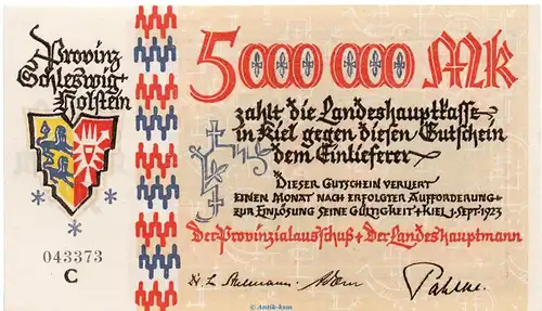 Banknote Provinzialausschuss Kiel, 5 Millionen Mark Schein in kfr. Keller 4977.a , von 1923 Schleswig Holstein Großnotgeld Inflation