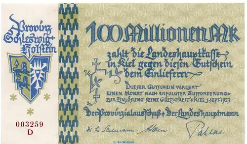 Banknote Provinzialausschuss Kiel, 100 Millionen Mark Schein in kfr. Keller 4977.b , von 1923 Schleswig Holstein Großnotgeld Inflation