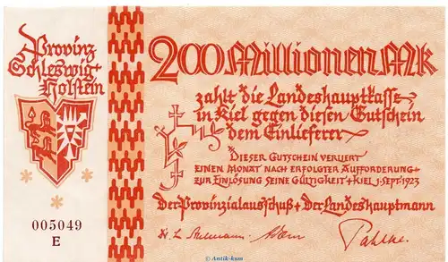 Banknote Provinzialausschuss Kiel, 200 Millionen Mark Schein in kfr. Keller 4977.b , von 1923 Schleswig Holstein Großnotgeld Inflation