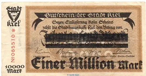 Banknote Stadt Kiel, 1 Million Mark Überdruck in gbr. Keller 2614.c , 1923 Schleswig Holstein Großnotgeld Inflation