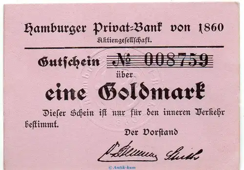 Banknote Privat Bank Hamburg , 1 Goldmark Schein in kfr. Müller 2360.2.a o.D. Hamburg Wertbeständiges Notgeld