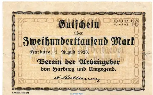 Banknote Verein der Arbeitgeber Harburg , 200.000 Mark Schein in gbr. Keller 2213.a von 1923 Hamburg Großnotgeld Inflation