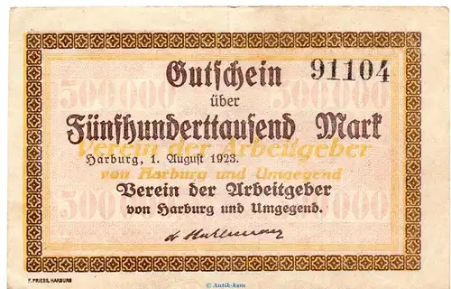 Banknote Verein der Arbeitgeber Harburg , 500.000 Mark Schein in gbr. Keller 2213.a von 1923 Hamburg Großnotgeld Inflation