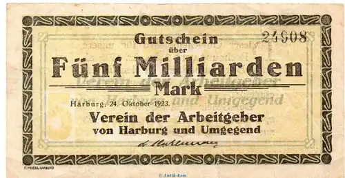 Banknote Verein der Arbeitgeber Harburg , 5 Milliarden Mark in gbr. Keller 2213.c von 1923 Hamburg Großnotgeld Inflation