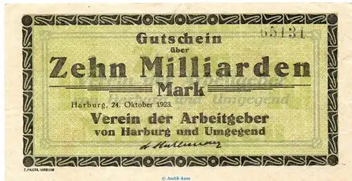 Banknote Verein der Arbeitgeber Harburg , 10 Milliarden Mark in gbr. Keller 2213.c von 1923 Hamburg Großnotgeld Inflation