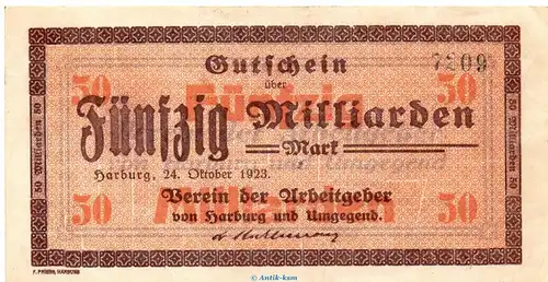 Banknote Verein der Arbeitgeber Harburg , 50 Milliarden Mark in gbr. Keller 2213.c von 1923 Hamburg Großnotgeld Inflation