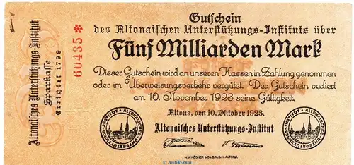 Banknote Altona , Institut , 5 Milliarden Mark Schein in L-gbr. Keller 81.d , 10.10.1923 , Schleswig Holstein Großnotgeld Inflation