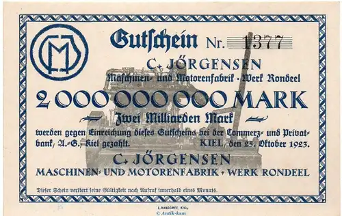 Banknote C. Jörgensen Kiel , 2 Milliarden Mark Schein in kfr. Keller 2623. von 1923 , Schleswig Holstein Großnotgeld Inflation