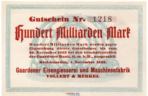 Banknote Vollert + Merkel Kiel-Gaarden , 100 Milliarden Mark Schein in kfr. Keller 2639. von 1923 , Schleswig Holstein Großnotgeld Inflation