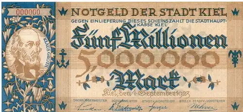 Banknote Stadt Kiel , 5 Millionen Mark Musterschein in kfr. Keller 2614.g von 1923 , Schleswig Holstein Großnotgeld Inflation