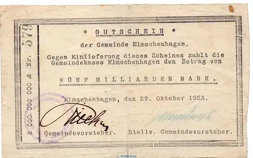 Banknote Gemeinde Elmschenhagen , 5 Milliarden Mark Schein in kfr. Keller 1327.c von 1923 , Schleswig Holstein Großnotgeld Inflation