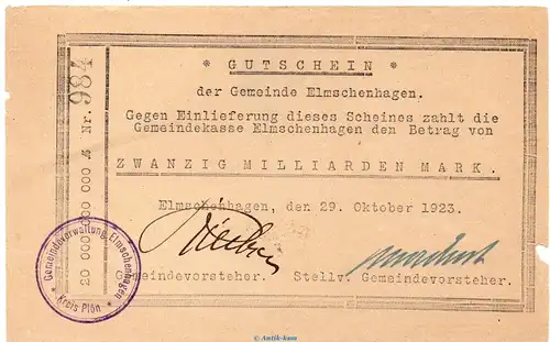 Banknote Gemeinde Elmschenhagen , 20 Milliarden Mark Schein in kfr. Keller 1327.c von 1923 , Schleswig Holstein Großnotgeld Inflation