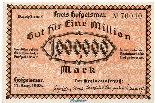 Banknote Kreis Hofgeismar , 1 Million Mark Schein in kfr. Keller 2410.a von 1923 , Hessen - Inflation