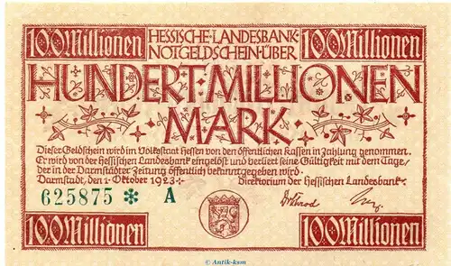 Banknote Darmstadt He. Landesbank , 100 Millionen Mark Schein in kfr. Keller 956.e von 1923 , Hessen Inflation