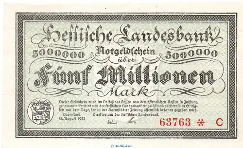 Banknote Darmstadt Hess. Landesbank , 5 Millionen Mark in kfr. Keller 956.a von 1923 , Hessen Inflation