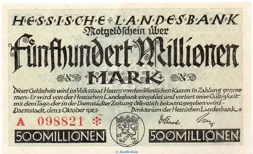 Banknote Darmstadt Hess. Landesbank , 500 Millionen Mark in kfr. Keller 956.e von 1923 , Hessen Inflation