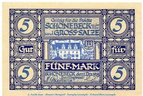 Banknote Schönebeck + Gross Salze , 5 Mark Schein in kfr. Geiger 481.01.a von 1918 , Sachsen Anhalt Großnotgeld