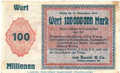 Notgeld van Baerle Worms , 100 Millionen Mark in gbr. Keller 5712 von 1923 , Hessen Inflation