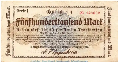 Notgeld Anilin Fabrikation Wolfen , 500.000 Mark in gbr. Keller 5697.a von 1923 , Sachsen Anhalt Inflation